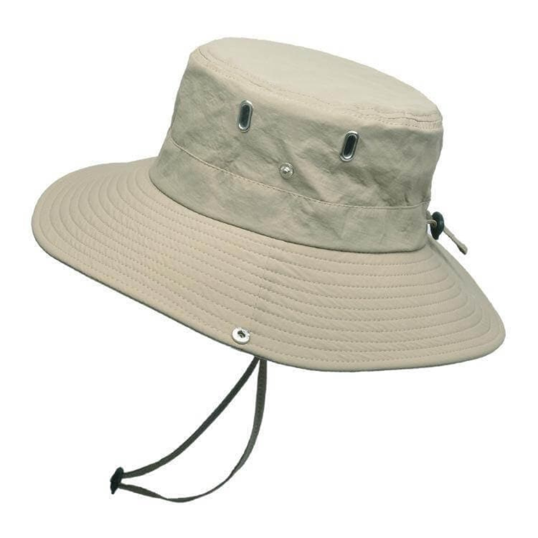 Wide brim sun hat with UV protection, water repellent fabric for ultimate outdoor comfort.