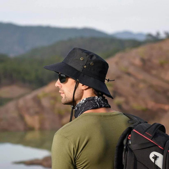 Adventure-ready unisex UV protection bucket hat, ideal for travel and sun protection.