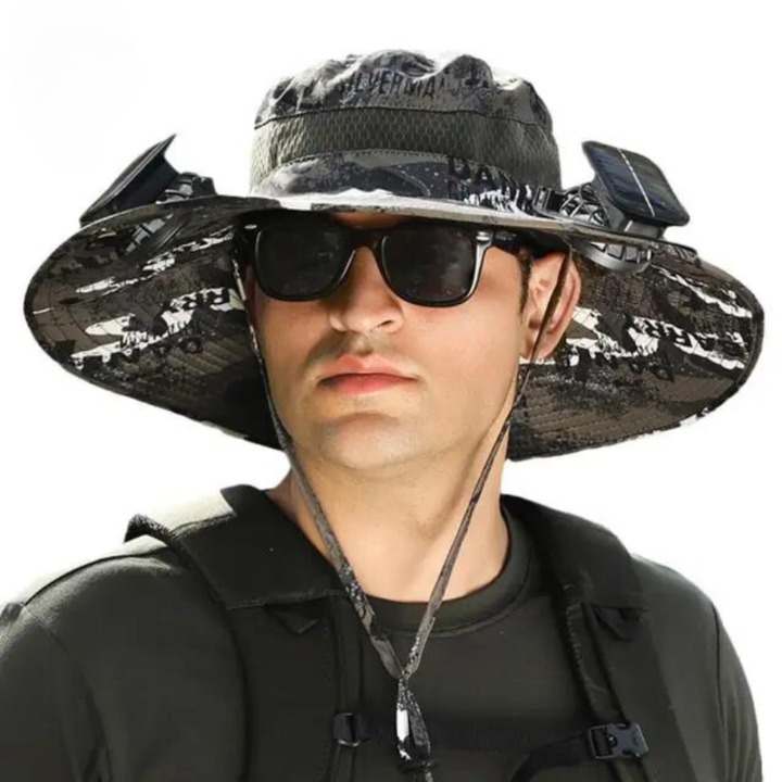 Lightweight unisex outdoor hat with solar powered fan, an innovative hiking accessory
