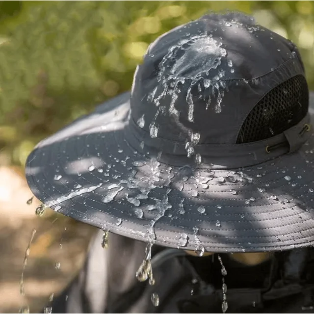 Close-up of CoolBreeze solar fan on a unisex outdoor sun hat, powered by sun, for cooling