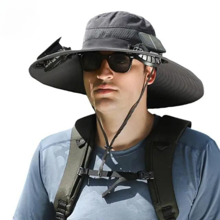 Side profile of a unisex sun hat with solar fan, wide brim for sun protection, ideal for gardening