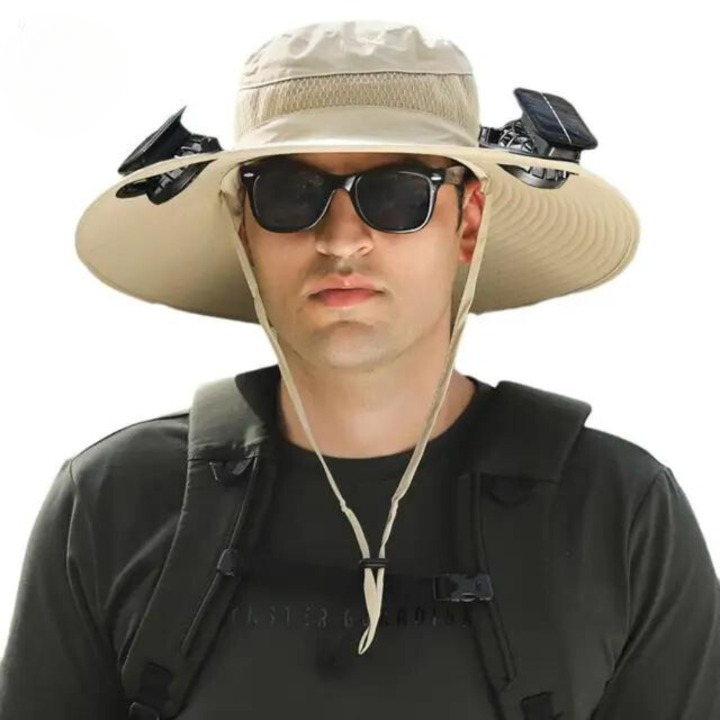 Unisex solar fan hat from above, showing large brim and discreet fan, perfect for summer activities