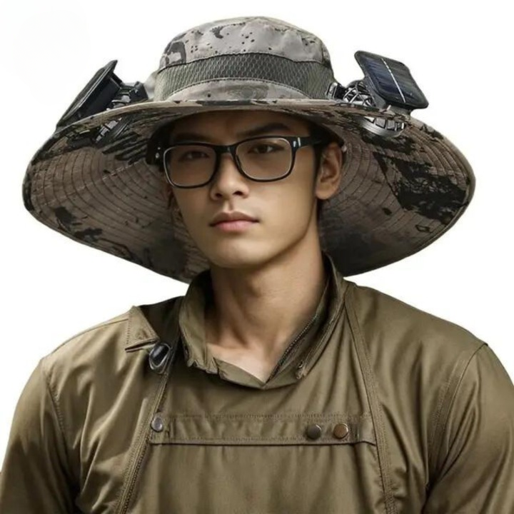 Detail of breathable mesh on a unisex outdoor sun hat with solar fan, for ultimate comfort