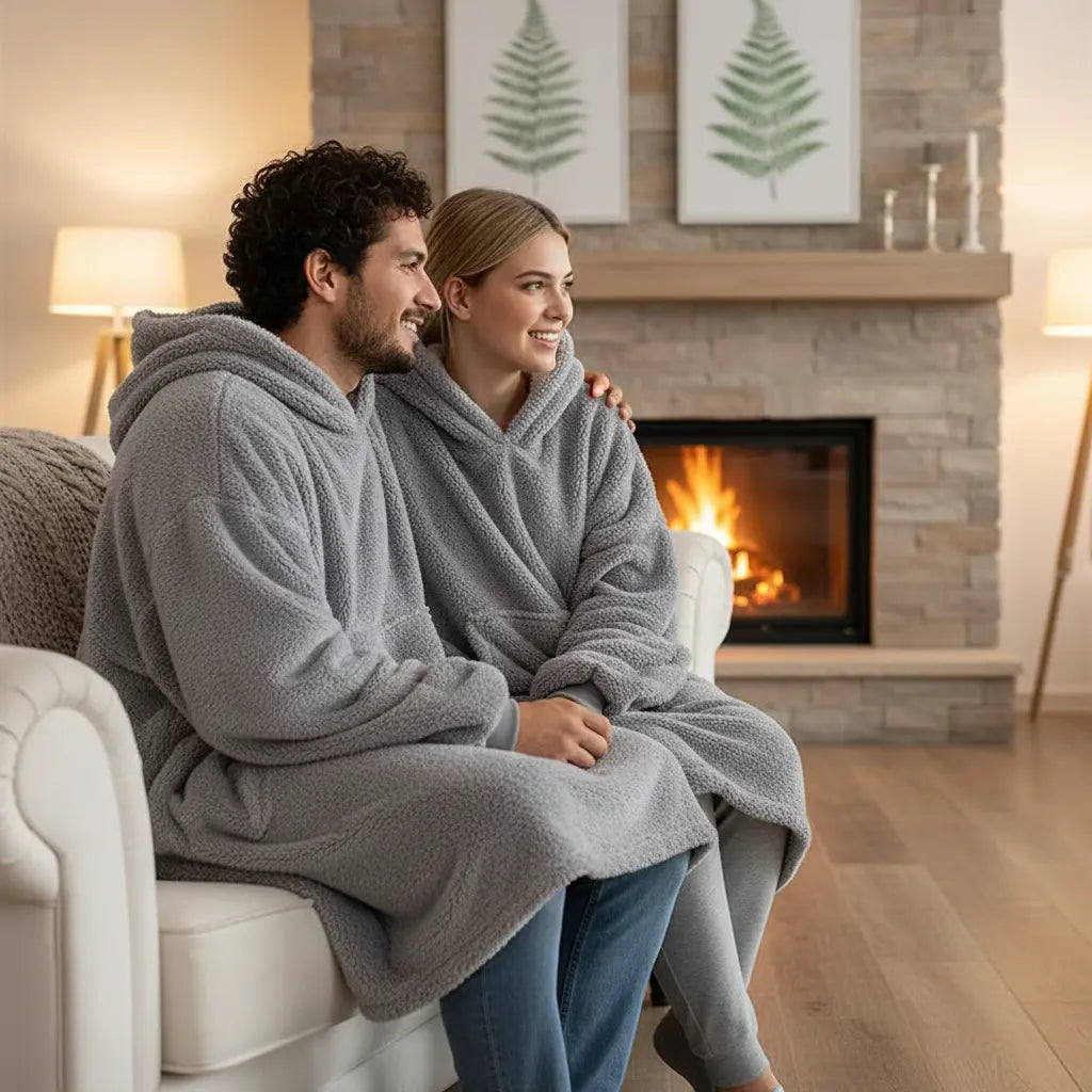 Unisex Oversized Warm Flannel Blanket Hoodie in gray, front view, cozy loungewear