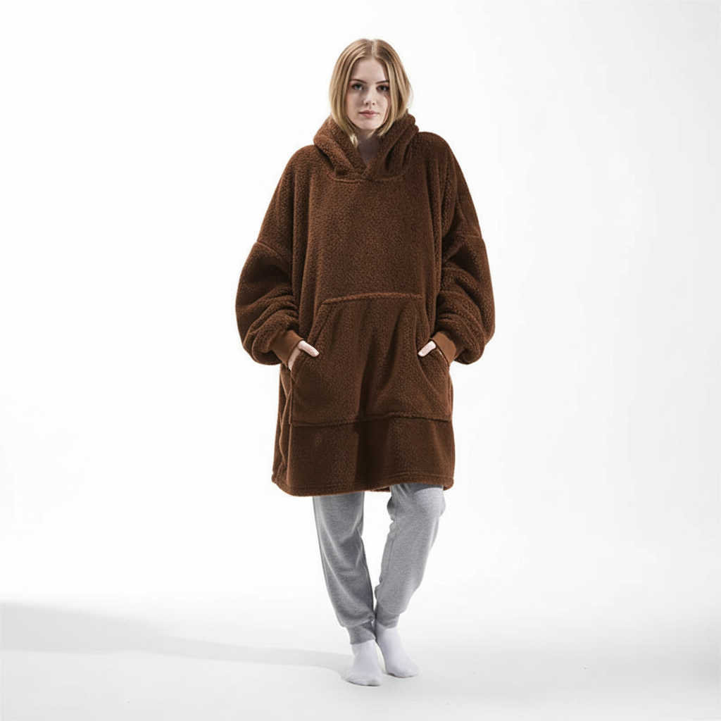 Child wrapped in a Unisex Oversized Warm Flannel Blanket Hoodie, looking happy and warm