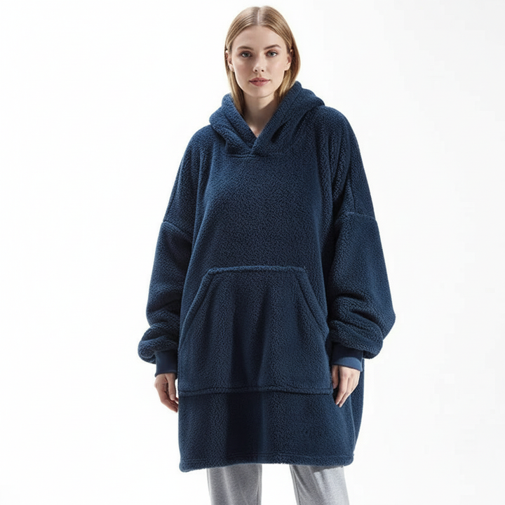 Unisex Oversized Warm Flannel Blanket Hoodie, full length, perfect for cozy winter evenings