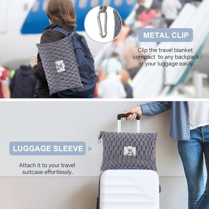 Road trip essential: Trevora packable blanket folded neatly in a car interior