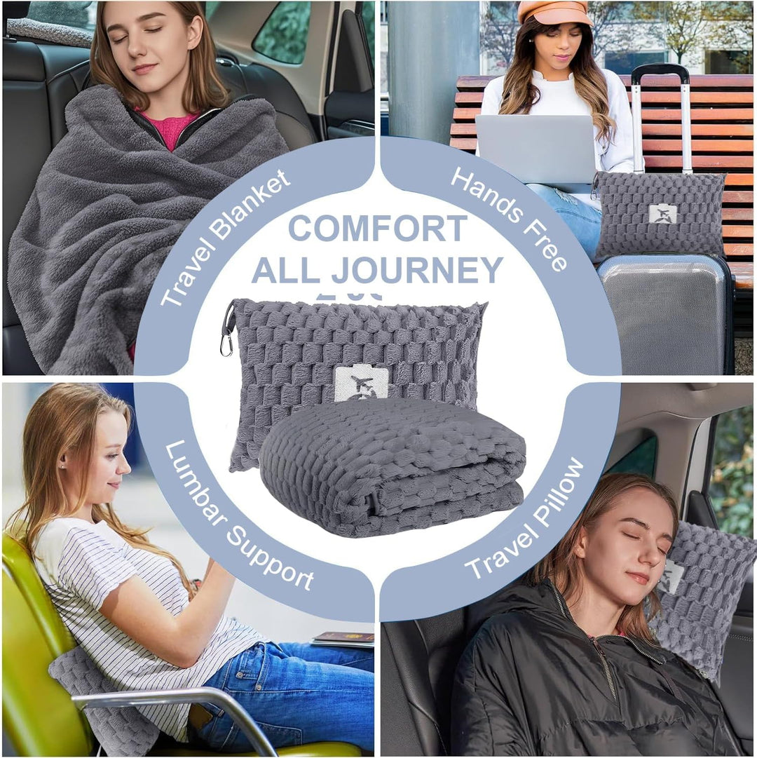 Collection of travel accessories including the Trevora travel blanket and other travel gear