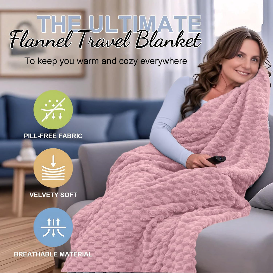 Close-up of soft grey flannel fabric of a packable travel blanket, ideal for airplane use