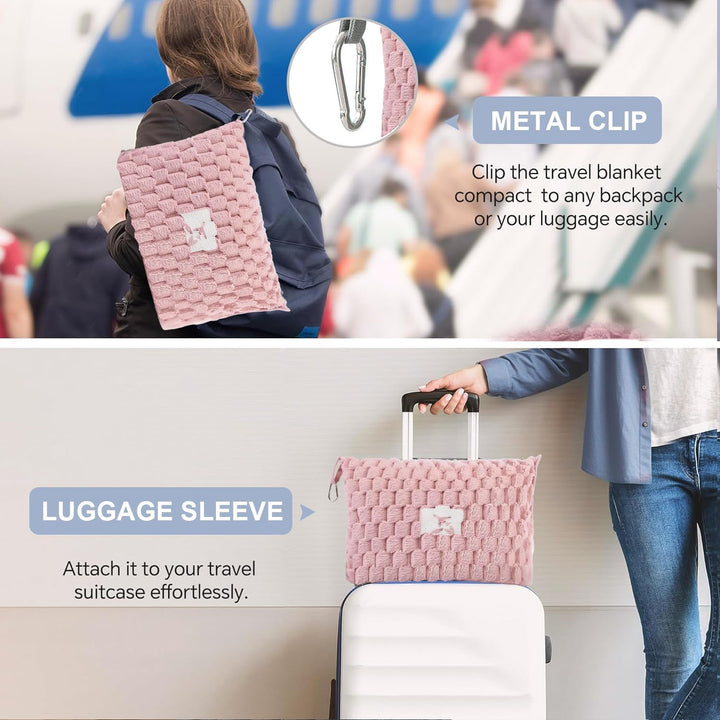 Packable travel blanket with a convenient luggage sleeve, sliding onto a suitcase handle