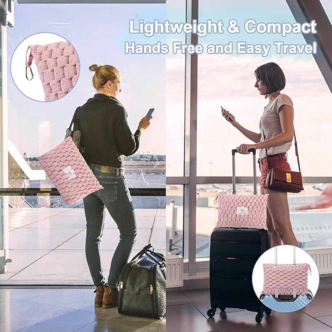 Travel blanket with luggage sleeve detail, easily slides onto suitcase handles, Trevora brand