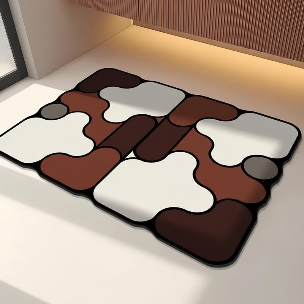 Stylized view of a quick-dry diatomaceous earth floor mat in a modern bathroom, absorbent