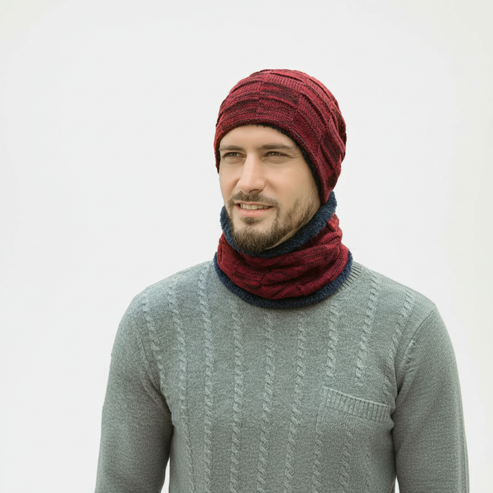 Stylish cotton blend knit hat and scarf set in Pascal style, warm unisex winter fashion.