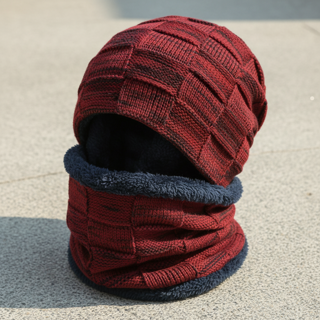 Close-up of the Pascal knit pattern on a unisex winter hat and scarf, cozy cotton blend.