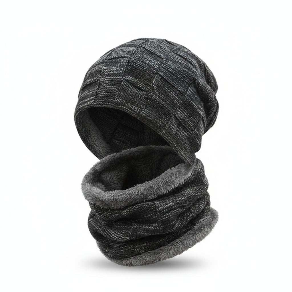 Folded Pascal knit hat and scarf set, ready to wear for stylish winter comfort.