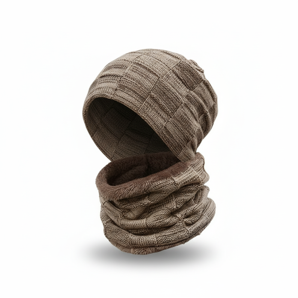 Unisex Pascal knit hat and scarf set, essential warm accessories for winter fashion.