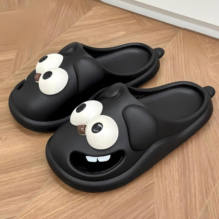 Closeup of soft unisex PawJoy Cozy Pup slippers, cartoon dog face detail, cozy housewear gift