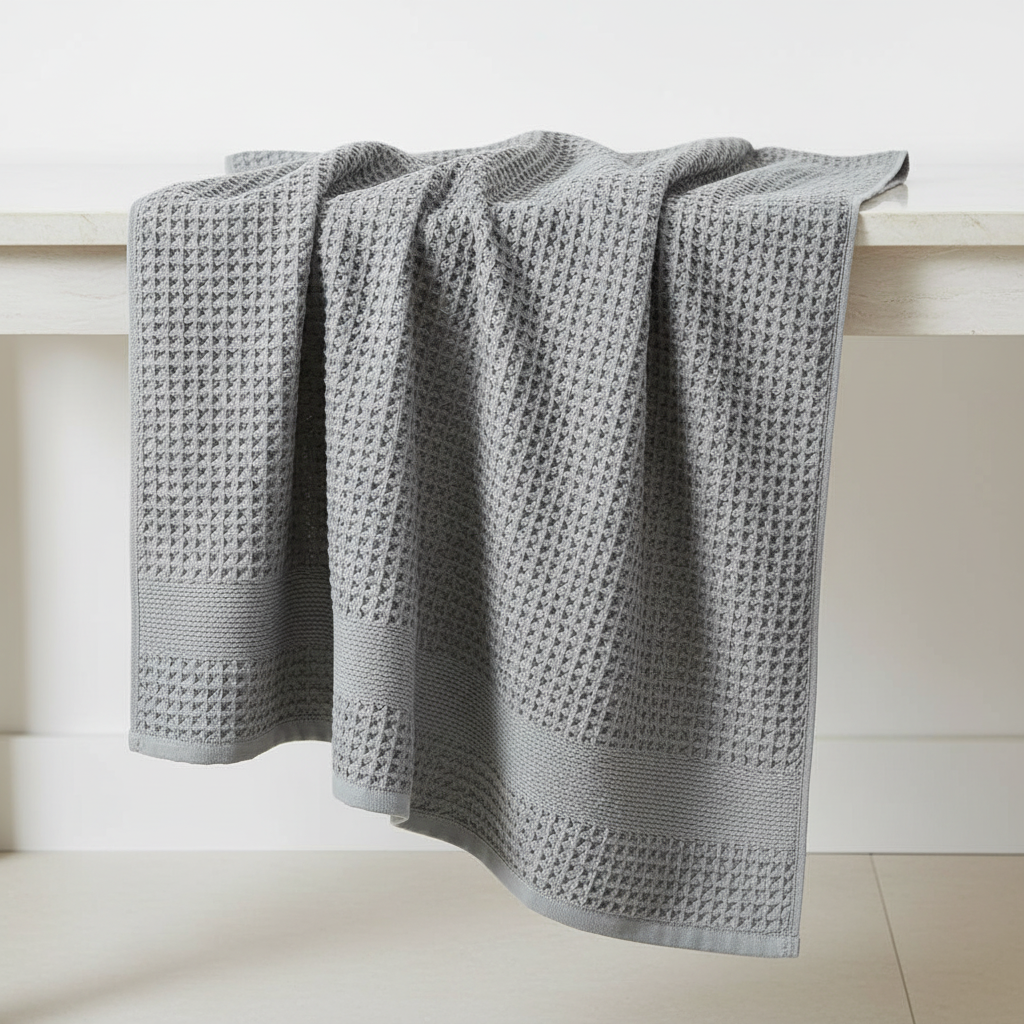 Close-up of FreshWrap ultra-soft Pima cotton waffle towel texture, highlighting quick-dry antibacterial weave