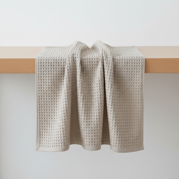 Hygienic FreshWrap Pima cotton waffle towel draped over a modern bathroom towel rail, soft and quick-dry