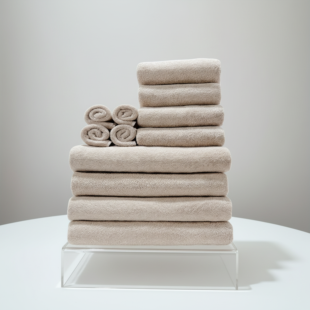 Stack of quick-dry coral fleece towels, CozyTowels brand, in a bathroom setting, soft and plush