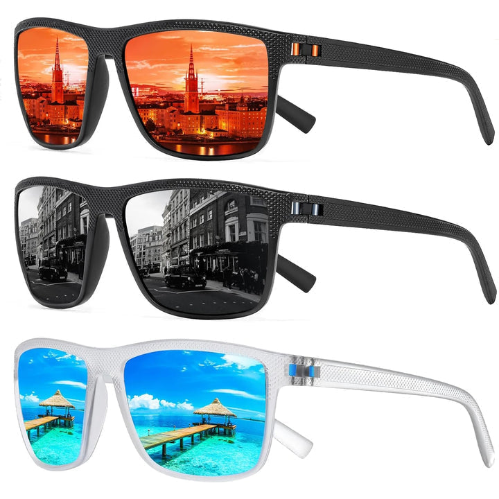 Unisex polarized sunglasses 3-pack for glare reduction & UV400 protection, ideal for driving & outdoor activities.