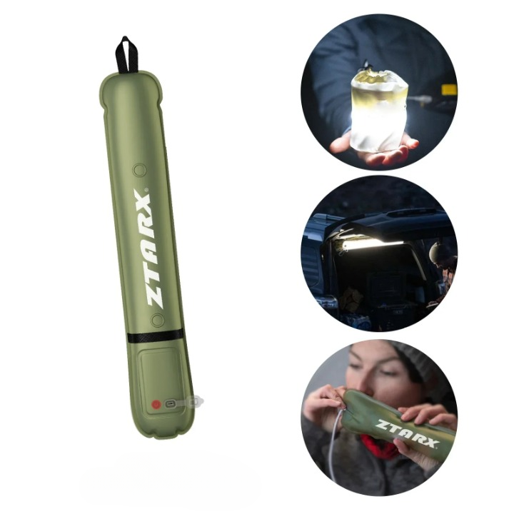 Unisex portable solar LED tube light, rechargeable, inflatable, essential outdoor gear & emergency lamp.
