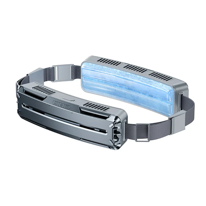 Portable USB fan, black, shown with included neck strap and waist clip, a versatile cooling gadget.