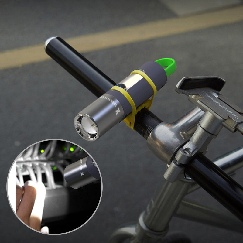 Zoomable LED flashlight beam adjusting from wide flood to narrow spot light.