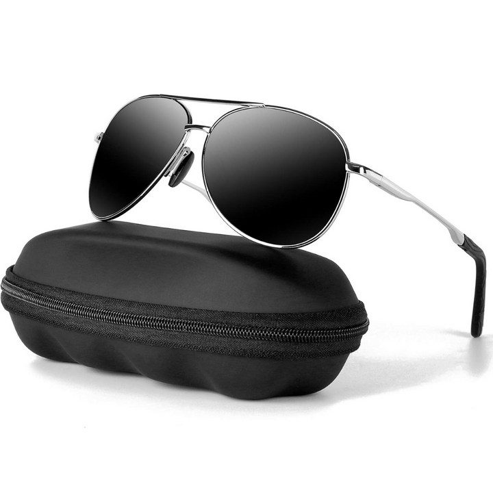 Classic aviator sunglasses with black frames and dark lenses, outdoor gear