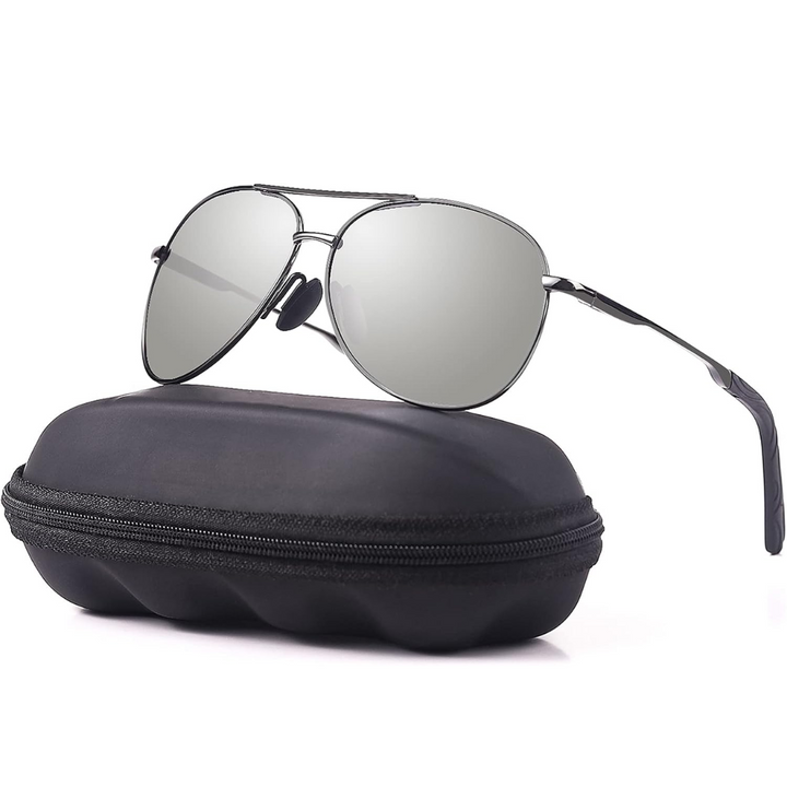 Close-up of the premium polarized lens on aviator sunglasses, enhanced clarity
