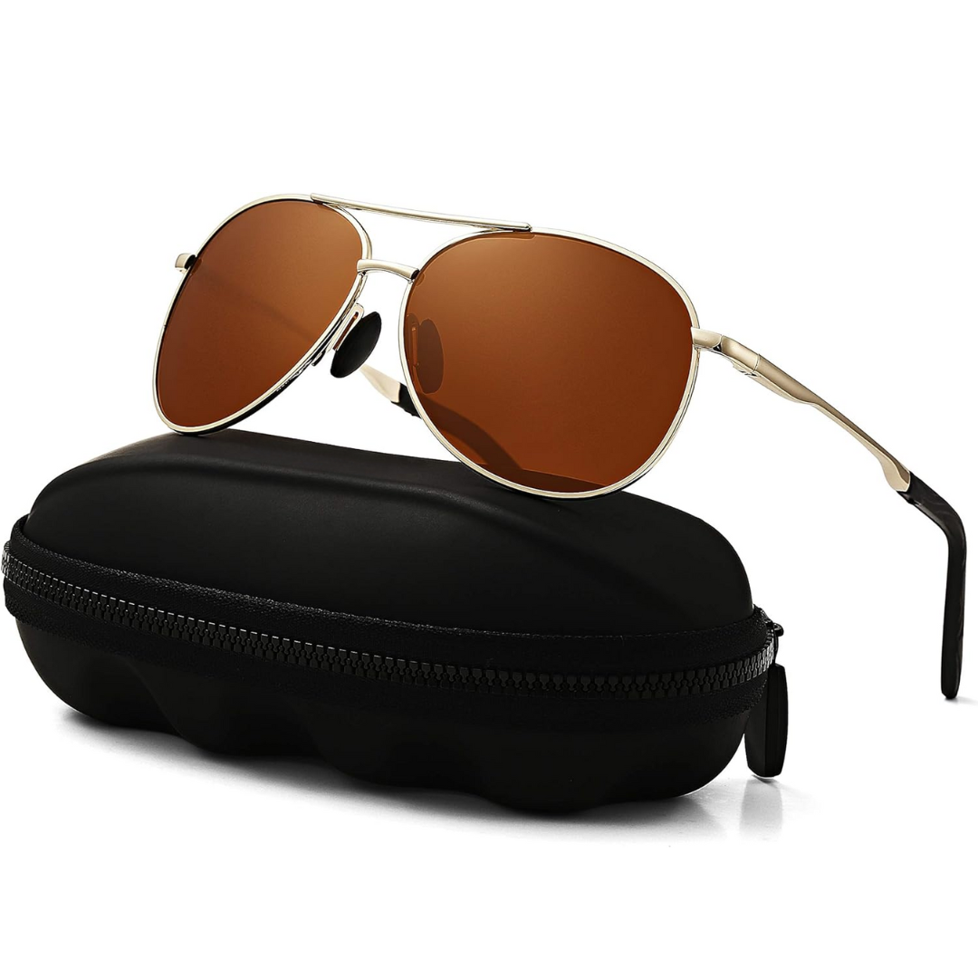 A pair of premium aviator sunglasses resting on a natural background, UV protection