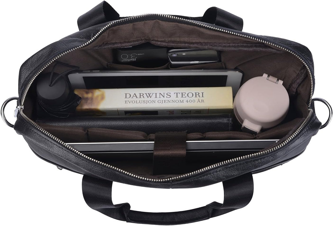 Sleek professional leather briefcase, a 15-inch laptop bag for business, work, & travel.