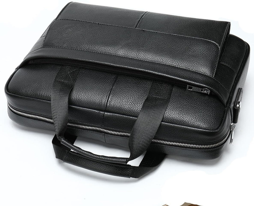 Premium top-grain leather 15" laptop briefcase with spacious, organized interior for professionals.
