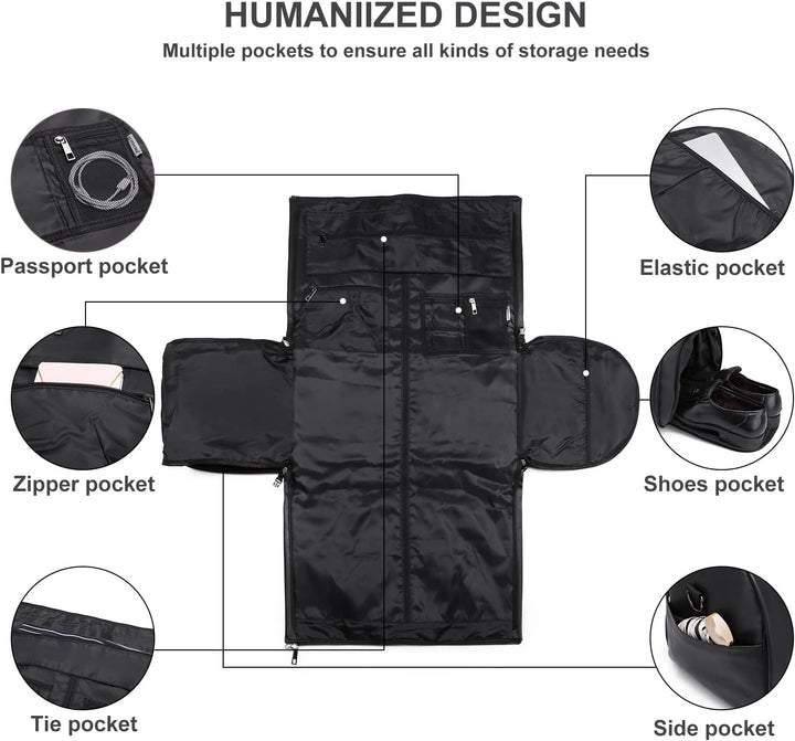 Open view of the garment duffel bag showing interior pockets for accessories, organized travel.
