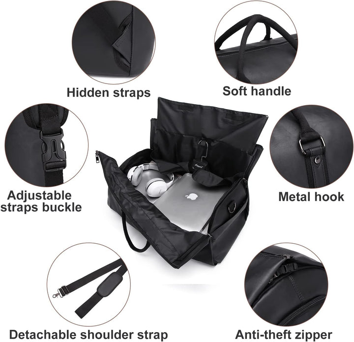 Unisex black PU leather convertible garment duffel bag, zipped as a weekender travel bag.