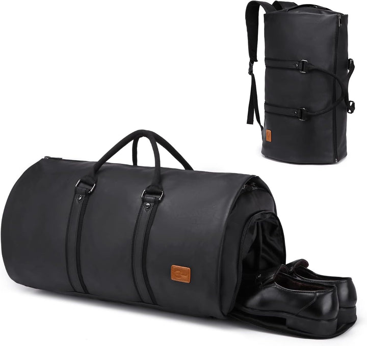 PU leather carry-on garment bag converted into a duffel, held by a traveler in an airport.