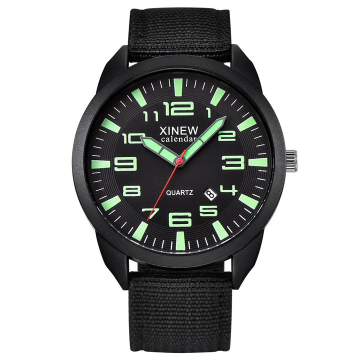 Unisex quartz watch with luminous dial, date display, and black metal band. Modern, elegant timepiece.