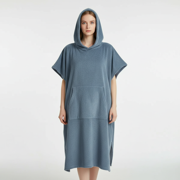 Microfiber changing poncho with a practical hood, designed for warmth and comfort after swimming, suitable for all