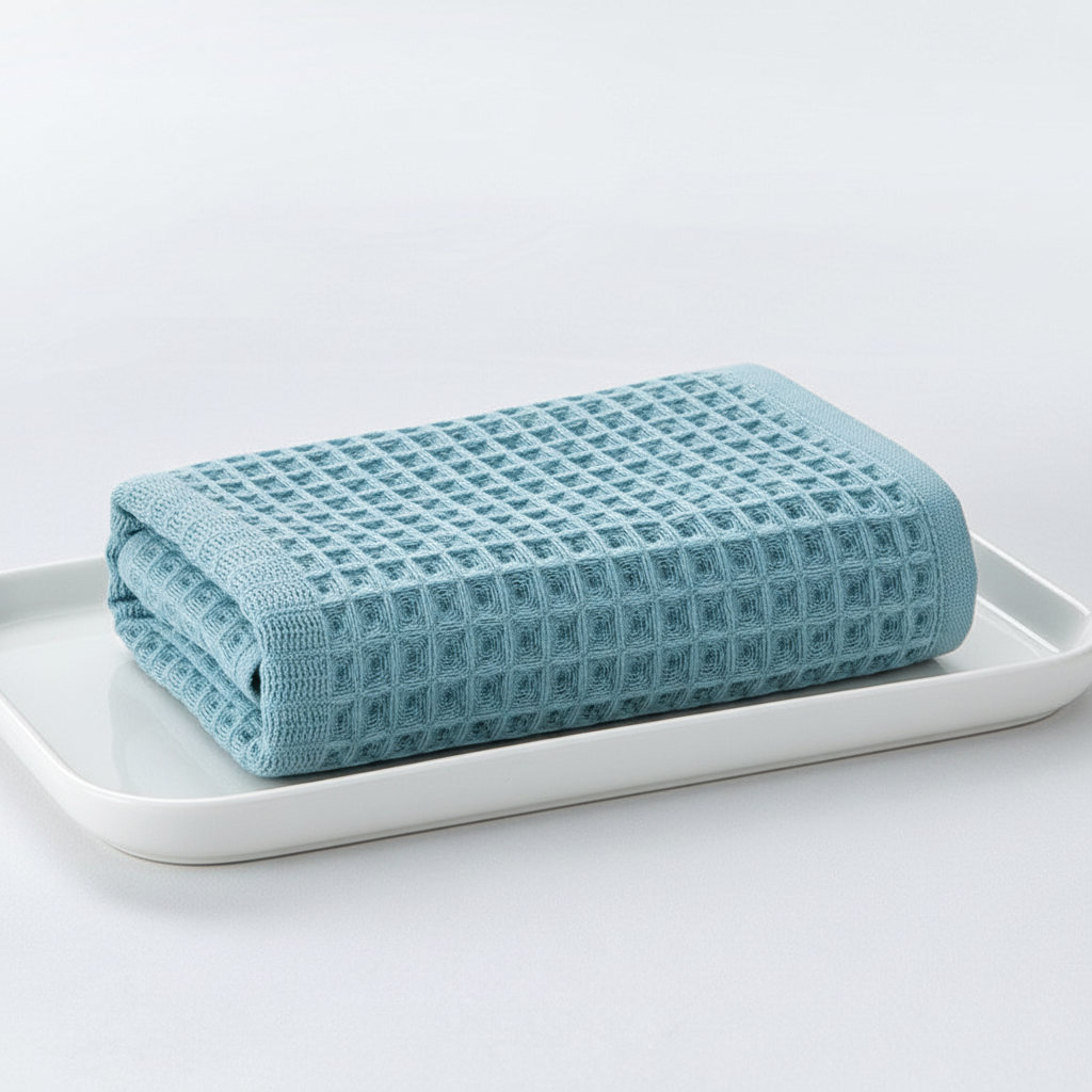 Close-up of a blue unisex waffle towel showing its quick-drying texture and absorbency.