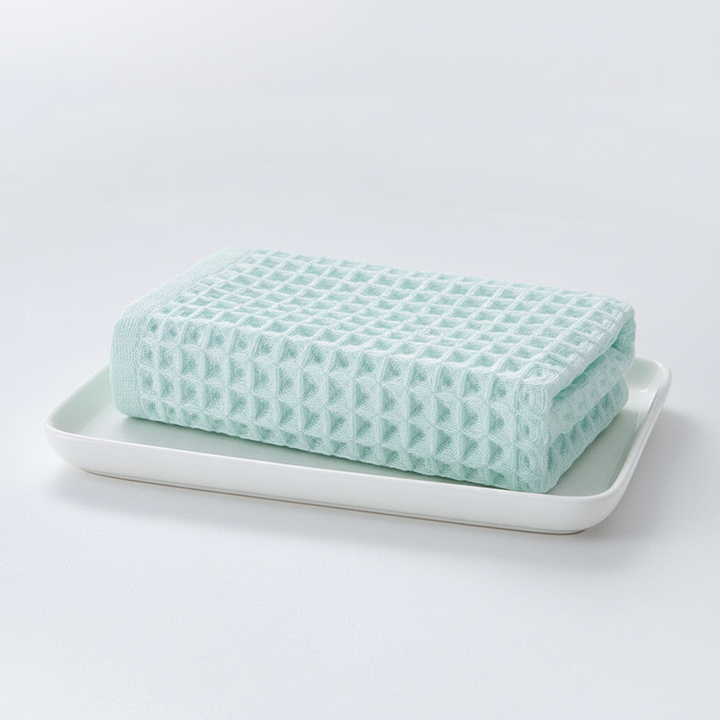 Unisex waffle weave bath towel in a bathroom setting, highlighting its quick-dry feature.