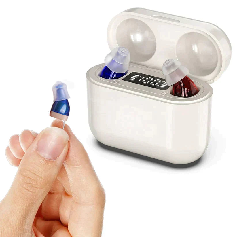Unisex rechargeable hearing aid for clear, discreet hearing. Portable sound amplifier with noise cancelling.