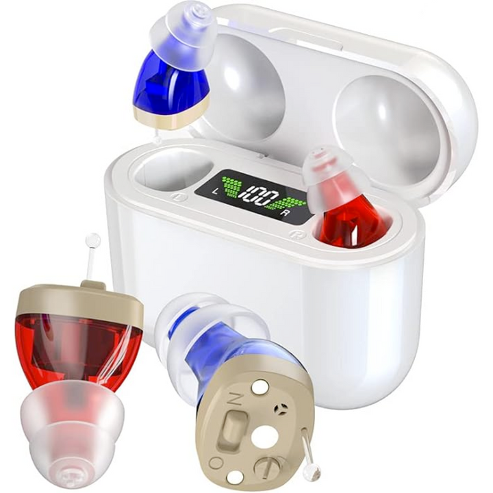 Rechargeable hearing aid for enhanced hearing clarity. Unisex sound amplifier, portable ear device.