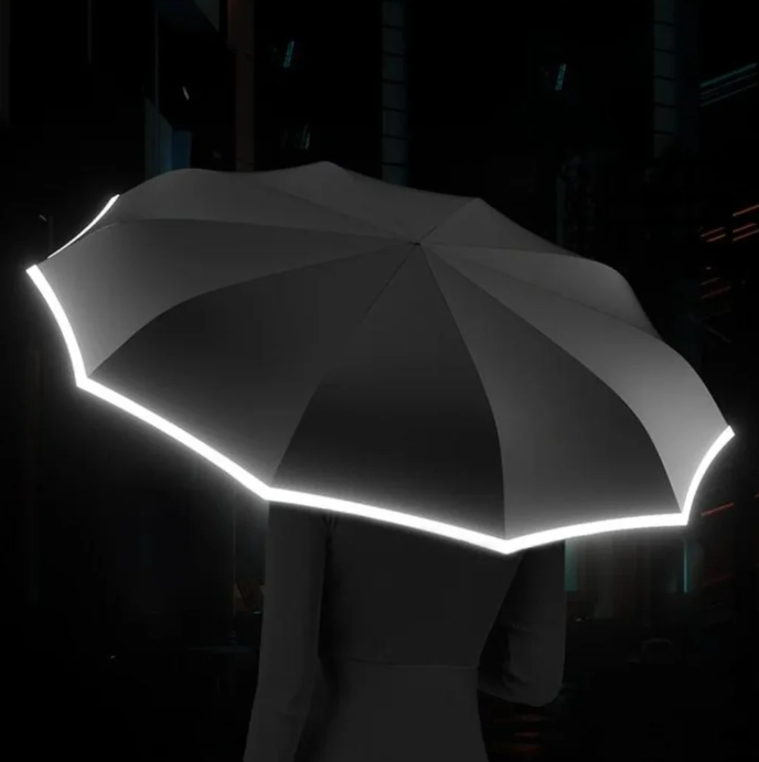 Unisex Reflective Windproof Storm Umbrella, AeroGlow, open, clearly showing reflective strip and sturdy frame
