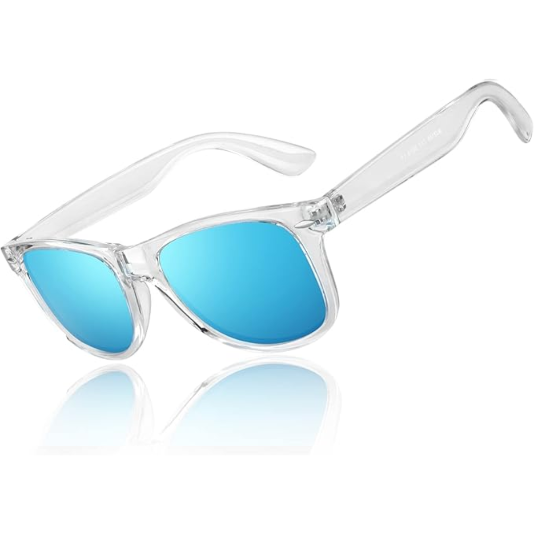Close-up of polarized lenses on unisex retro sunglasses, showcasing glare reduction and UV400