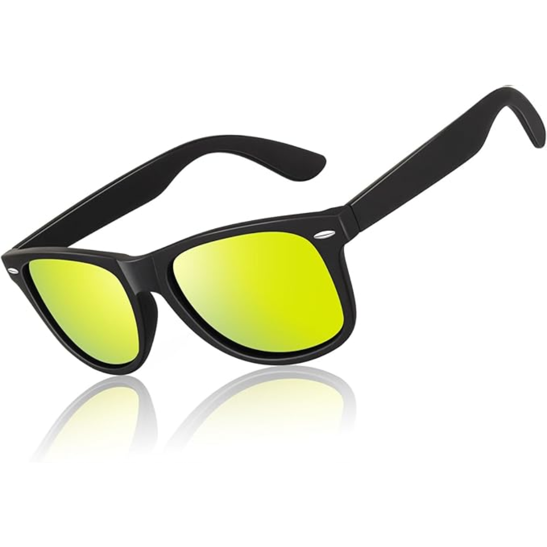 Unisex retro polarized sunglasses displayed open, showing the inside of the frames and lens quality