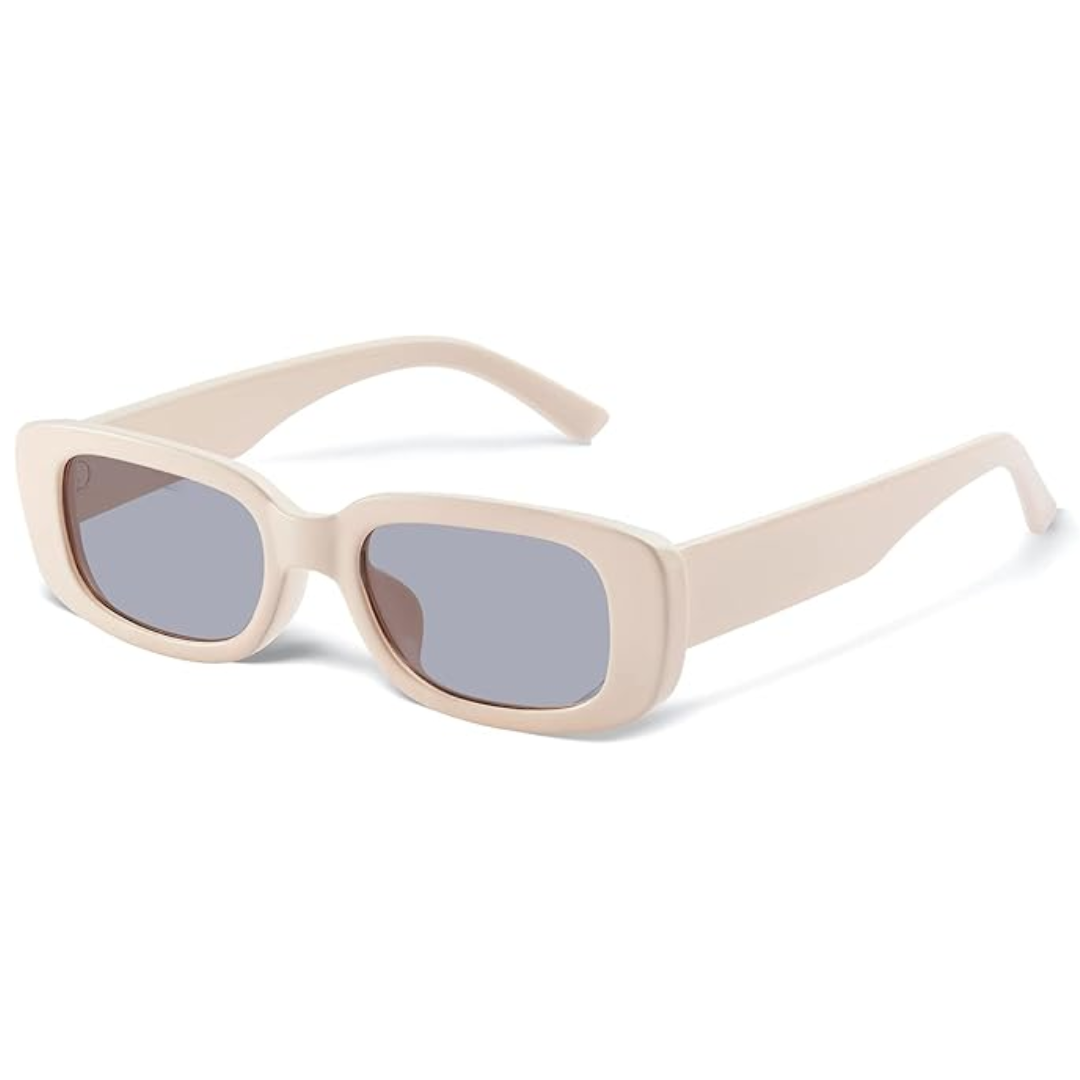 Stack of several unisex rectangular Y2K sunglasses, showcasing variety in this retro fashion accessory.