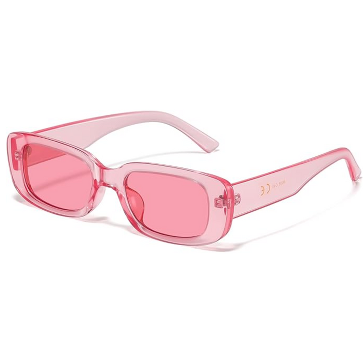 Close-up of black retro rectangular Y2K sunglasses, showcasing their unique vintage eyewear style.