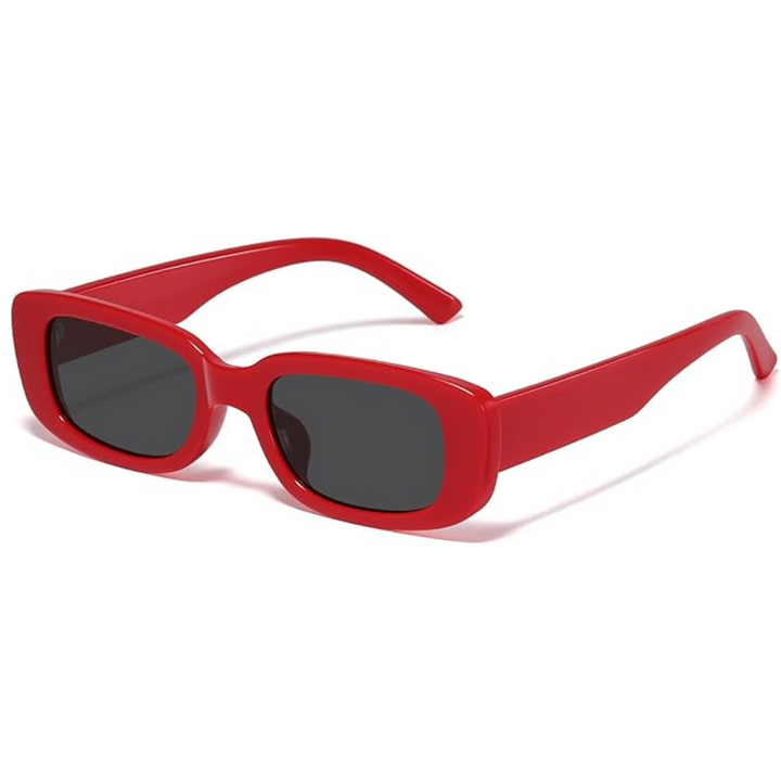 Model wearing stylish retro rectangular Y2K sunglasses, highlighting the trendy eyewear look.