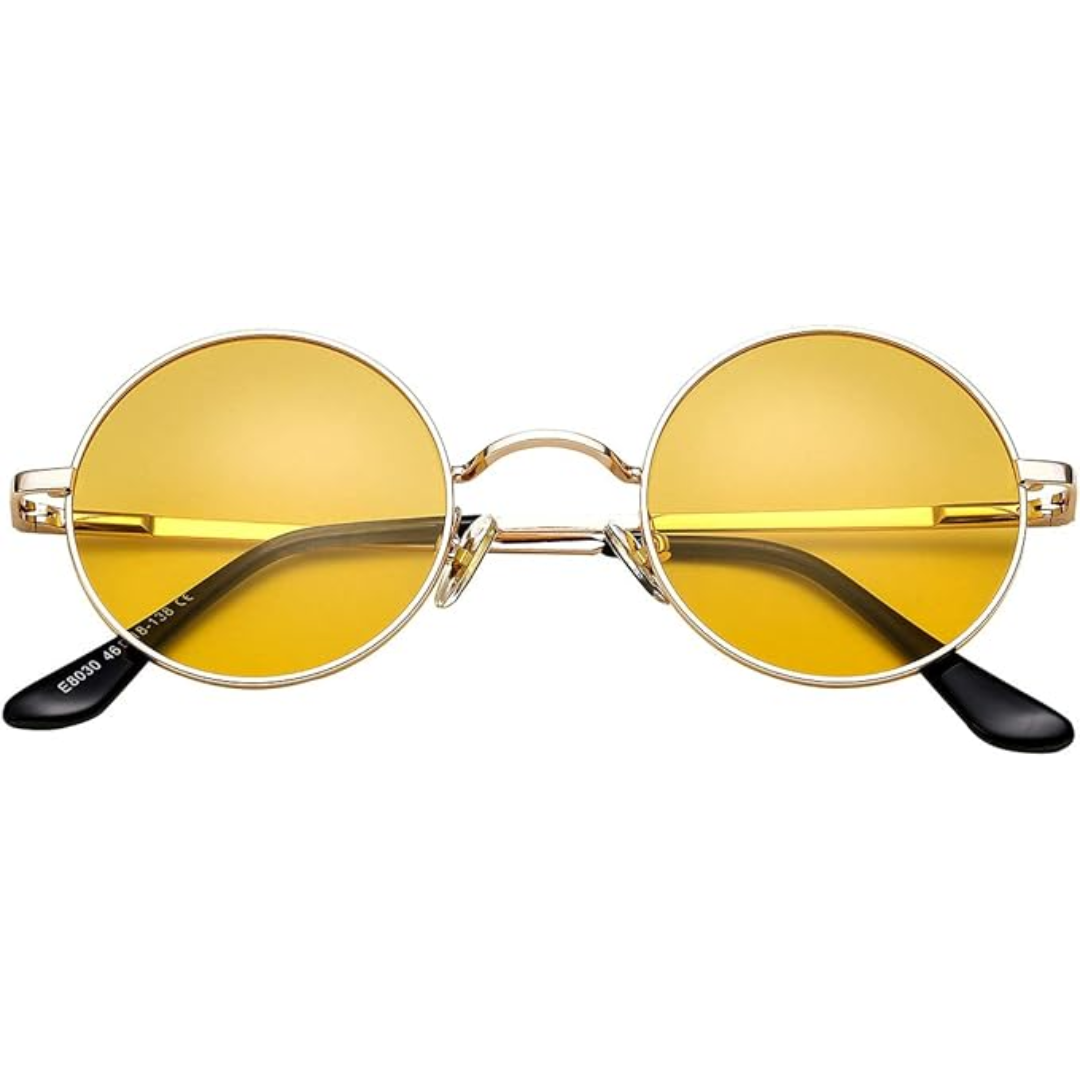 Close-up of retro round polarized sunglasses, showcases lens quality & detailed vintage frame design
