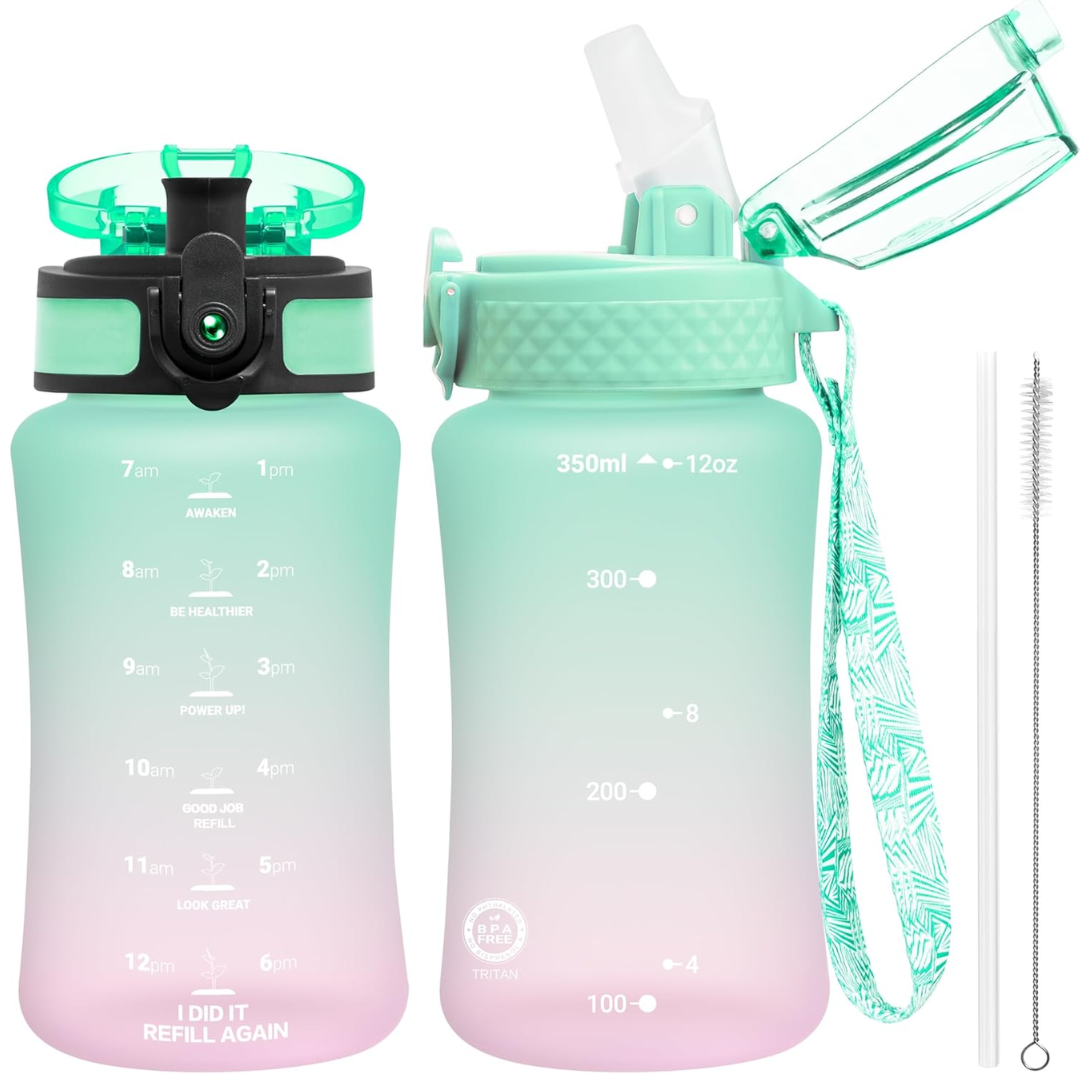 High-quality Tritan water bottle, BPA-free. Equipped with both straw and chug style drinking lids.